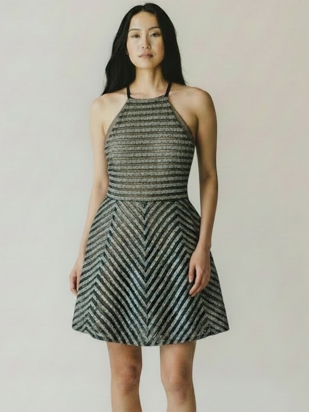 fab'rik Striped Halter Fit-and-Flare Dress in Black, Cream, Silver size M